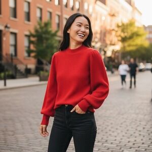 Line + Dot Sweater Womens‎ Small Red Ribbed Mock Neck Long Sleeve Balloon Sleeve